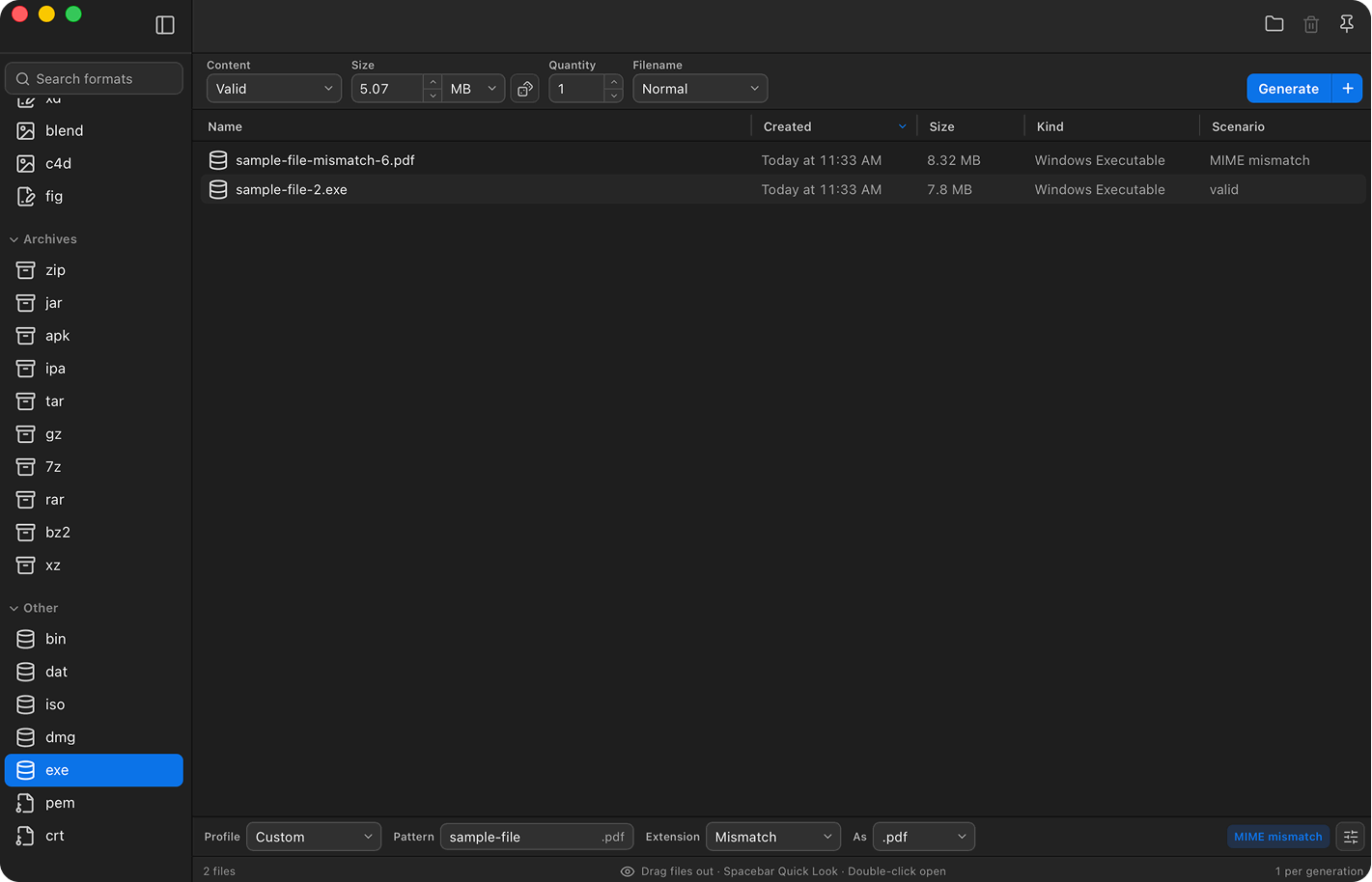 FileMill result list showing a Windows executable generated with a mismatched PDF extension for upload validation tests.